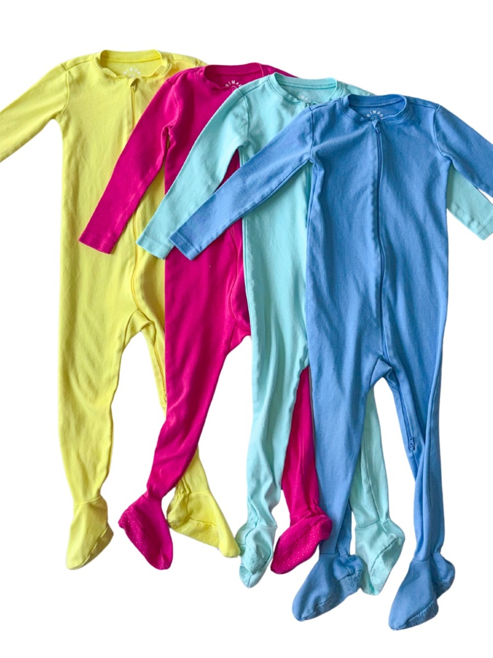 4 Primary Play All Day organic cotton one-piece footies in vibrant colors